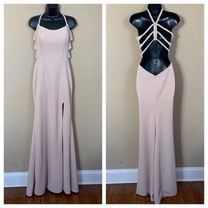 La Femme Nude Beaded Strappy Scoop Halter Gown with Slit Prom Dress Gown